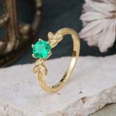 Round Emerald Vintage Green Leaf Engagement Ring Six Claw Setting